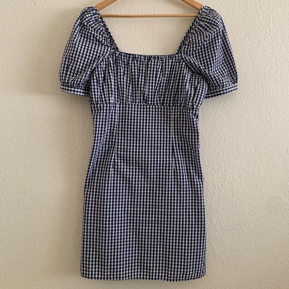 anthropology midi blue and white patterned dress with pockets